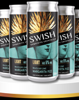 Six cans of Swish Light Brazilian Lime Margarita Fizz on a white and gold platform with a black background.