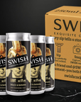 Swish cocktails cans and packaging on a black background