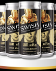 Multiple cans of Swish cocktails on a white platform with a black background