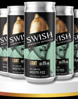 Multiple cans of Swish cocktails on a white platform with a black background