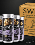 SWISH cocktails cans with a cardboard box on a black background