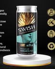 Swish cocktail can with health benefits and product details on a black background