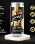 Swish cocktail can on a black background with product features listed.