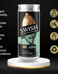 Swish cocktail can with features listed on a black background