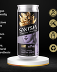 Swish cocktail can with features listed on a black background