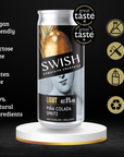 Swish cocktail can with health and product features on a black background