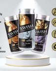 SWISH Light Range 250ml cans – Marmalade On Toast Breakfast Fizz, Pina Colada Spritz, and Naughty Passion Martini Spritz – displayed on a pedestal with icons highlighting product benefits.