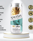 SWISH Brazilian Lime Margarita Fizz 0% Alc Vol 250ml can displayed on a pedestal with icons highlighting product benefits.
