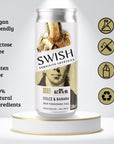 SWISH Dolce & Banana Old Fashioned Fizz 0% Alc Vol 250ml can displayed on a pedestal with icons highlighting product benefits.