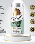 SWISH Key Lime Pie Mojito Fizz 0% Alc Vol 250ml can displayed on a pedestal with icons highlighting product benefits.
