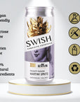 SWISH Naughty Passion Martini Spritz 0% Alc Vol 250ml can displayed on a pedestal with icons highlighting product benefits.