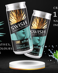 Two SWISH cocktails in cans with aloe vera plant and lime on a black background