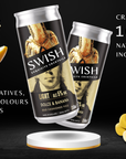 Two cans of Swish cocktails with a lemon and banana on a black background.