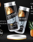 Two cans of Swish cocktails with coconuts, pineapples, and text about natural ingredients on a black background.