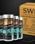 SWISH cocktails cans with a cardboard box on a black background