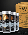 SWISH cocktails cans with packaging on a black background
