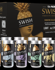 SWISH Alcoholic Gift Box – 250ml 5% Alc Vol ready-to-drink cocktails featuring Marmalade On Toast Breakfast Fizz, Pina Colada Spritz, Naughty Passion Martini Spritz, Key Lime Mojito Fizz, Brazilian Lime Margarita Fizz and Dolce & Banana Old Fashioned Fizz shown beside the branded 12-pack box.
