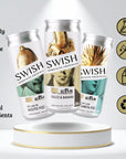 SWISH Non Alcoholic Cocktails | 0% Alc Vol 250ml cans displayed on a pedestal with icons highlighting product benefits.