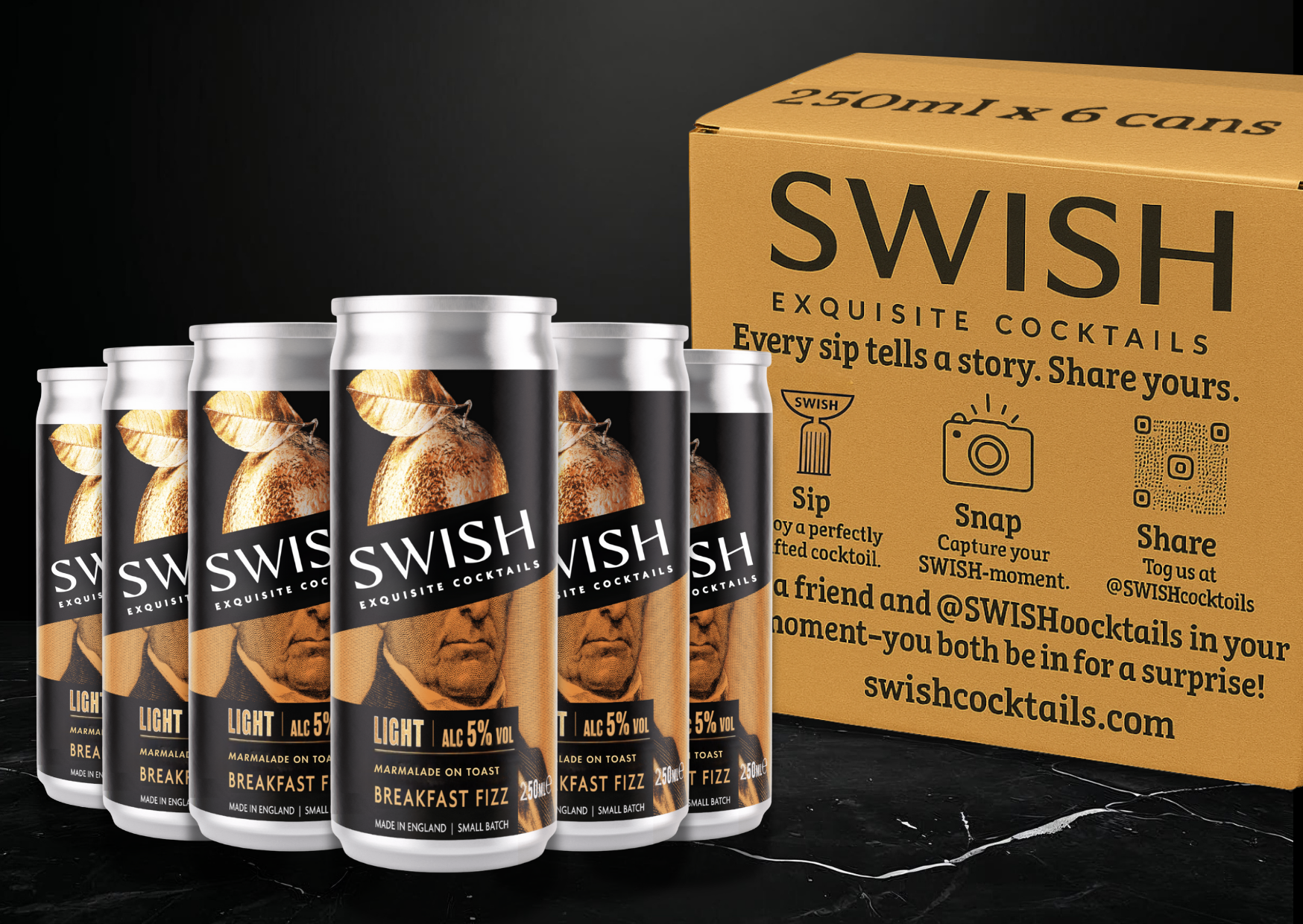 SWISH cocktails cans and packaging on a black background