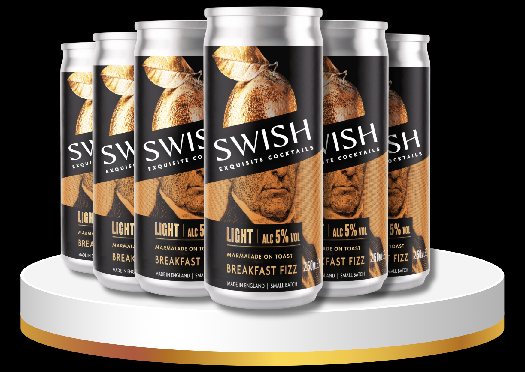Set of Swish cocktails cans on a white platform with a black background