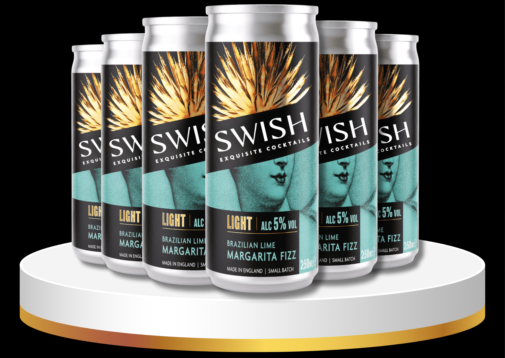 Six cans of Swish Light Brazilian Lime Margarita Fizz on a white and gold platform with a black background.