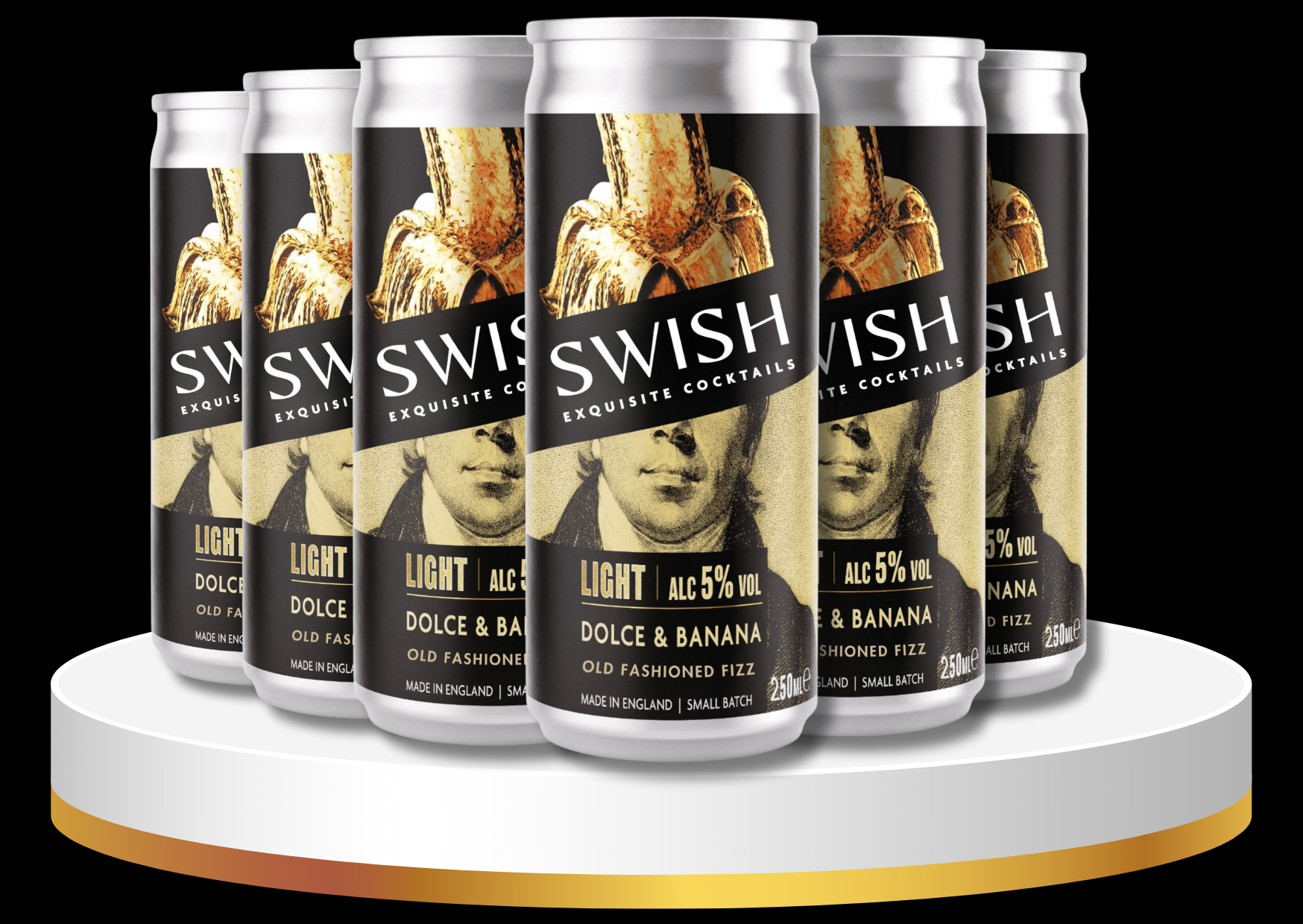 Multiple cans of Swish cocktails on a white platform with a black background