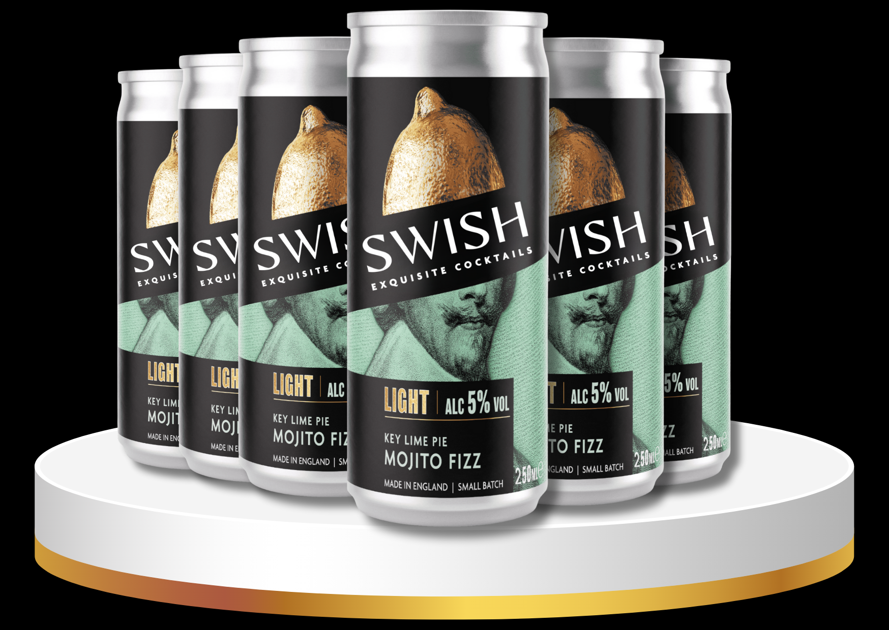 Multiple cans of Swish cocktails on a white platform with a black background
