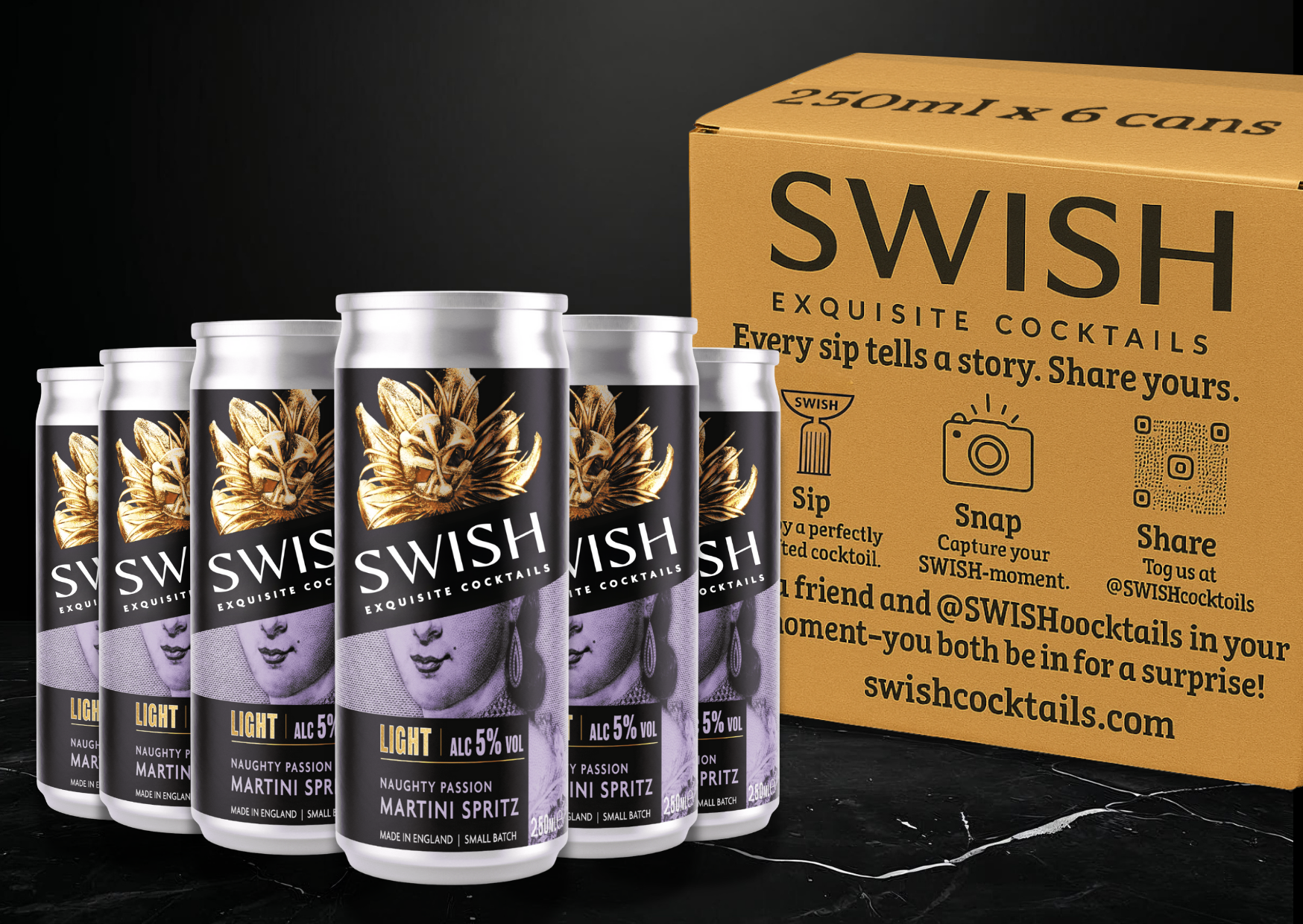 SWISH cocktails cans with a cardboard box on a black background
