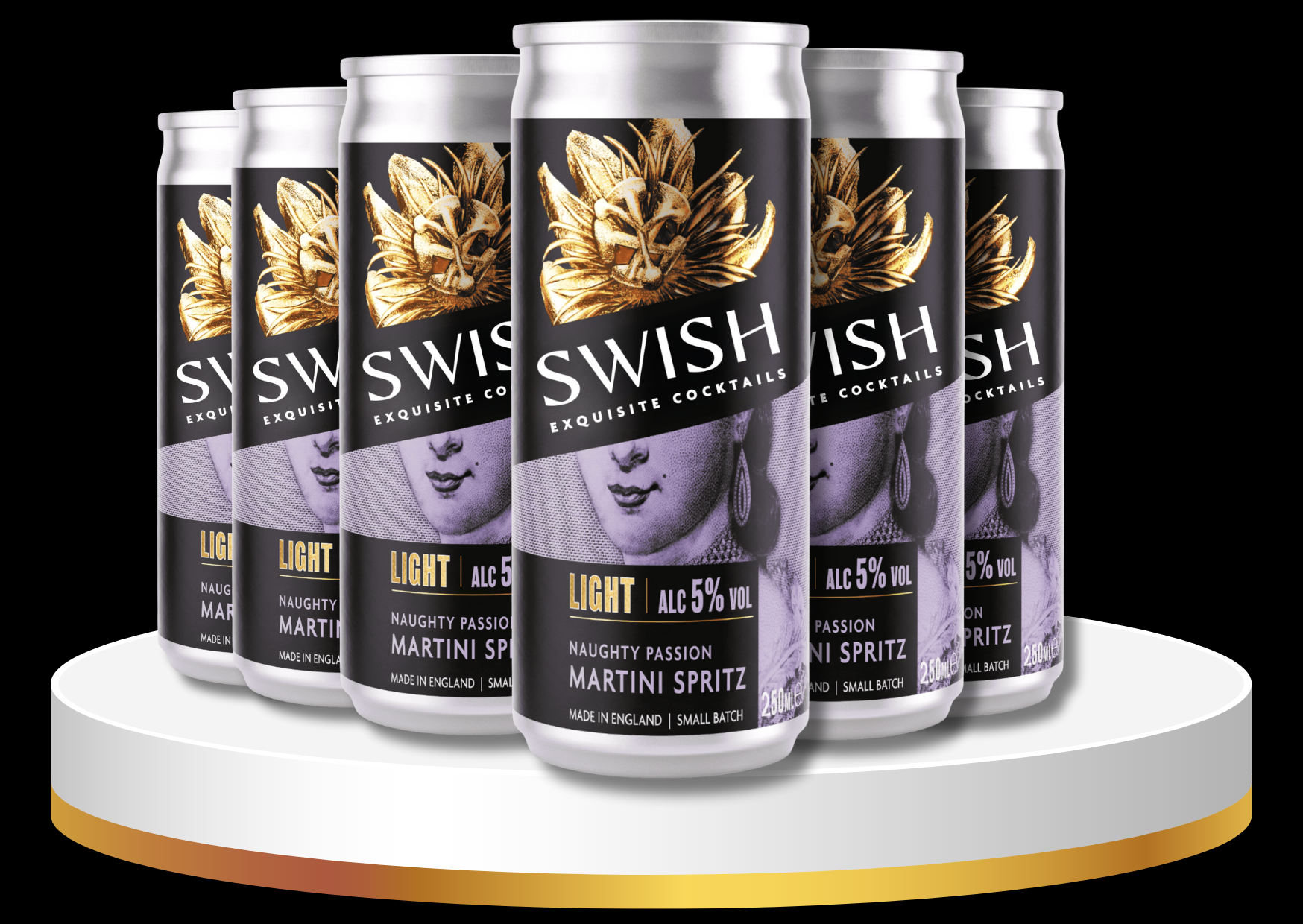 Set of Swish cocktails cans on a white platform with a black background