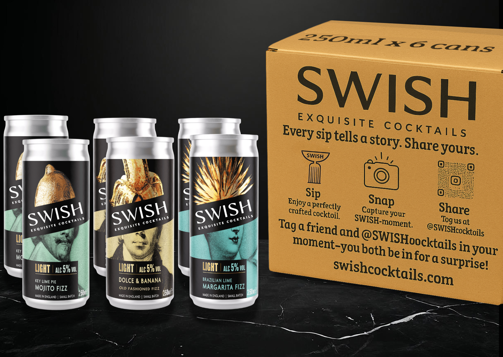 SWISH cocktail cans with a cardboard box on a black background