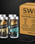 SWISH cocktail cans with a cardboard box on a black background