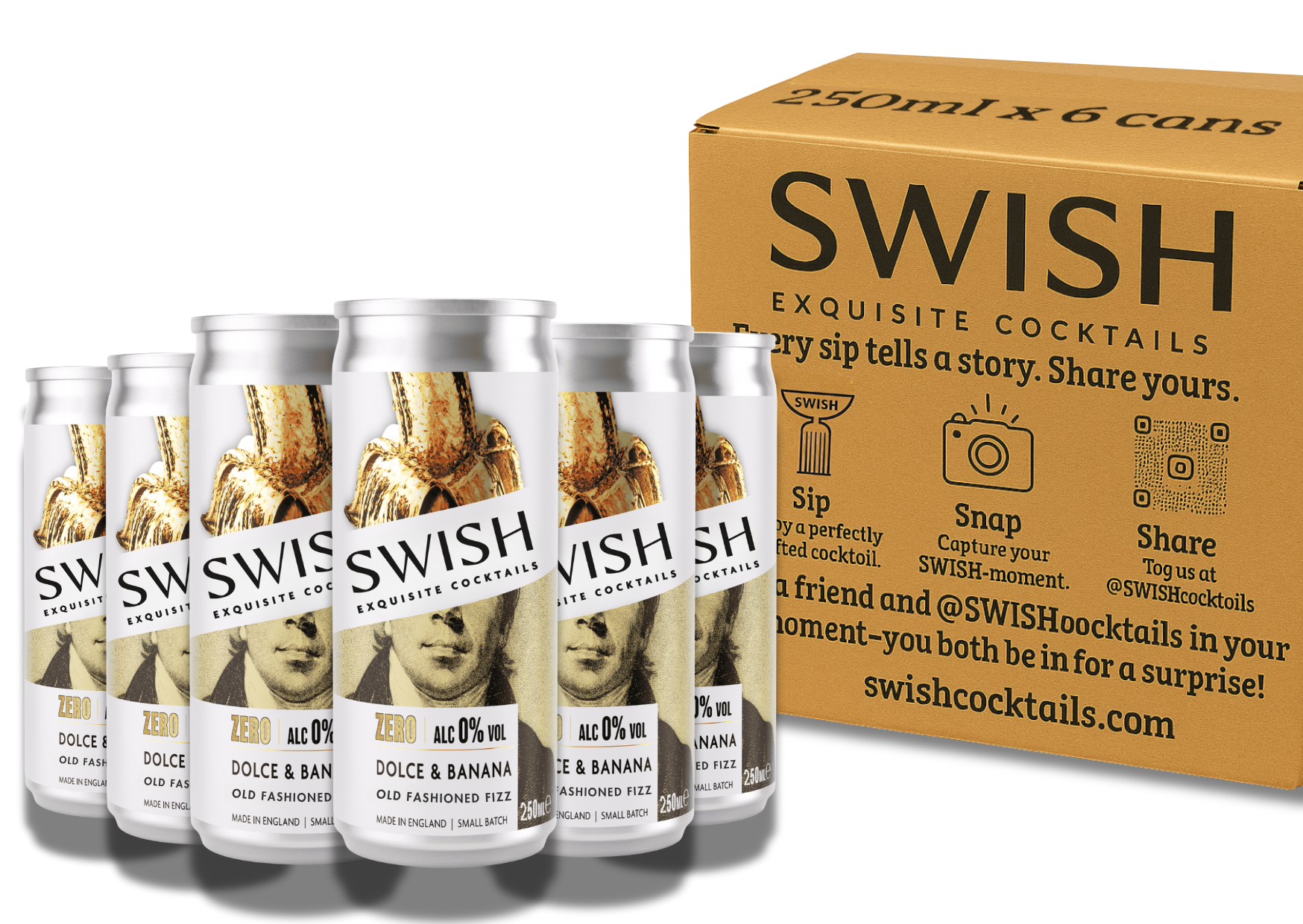 SWISH Dolce &amp; Banana Old Fashioned Fizz 0% Alc Vol 250ml cans – 6-Pack with branded box.