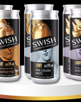 Four SWISH cocktails cans on a white platform with a black background