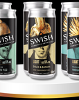 Four cans of Swish cocktails on a white and gold stand with a black background