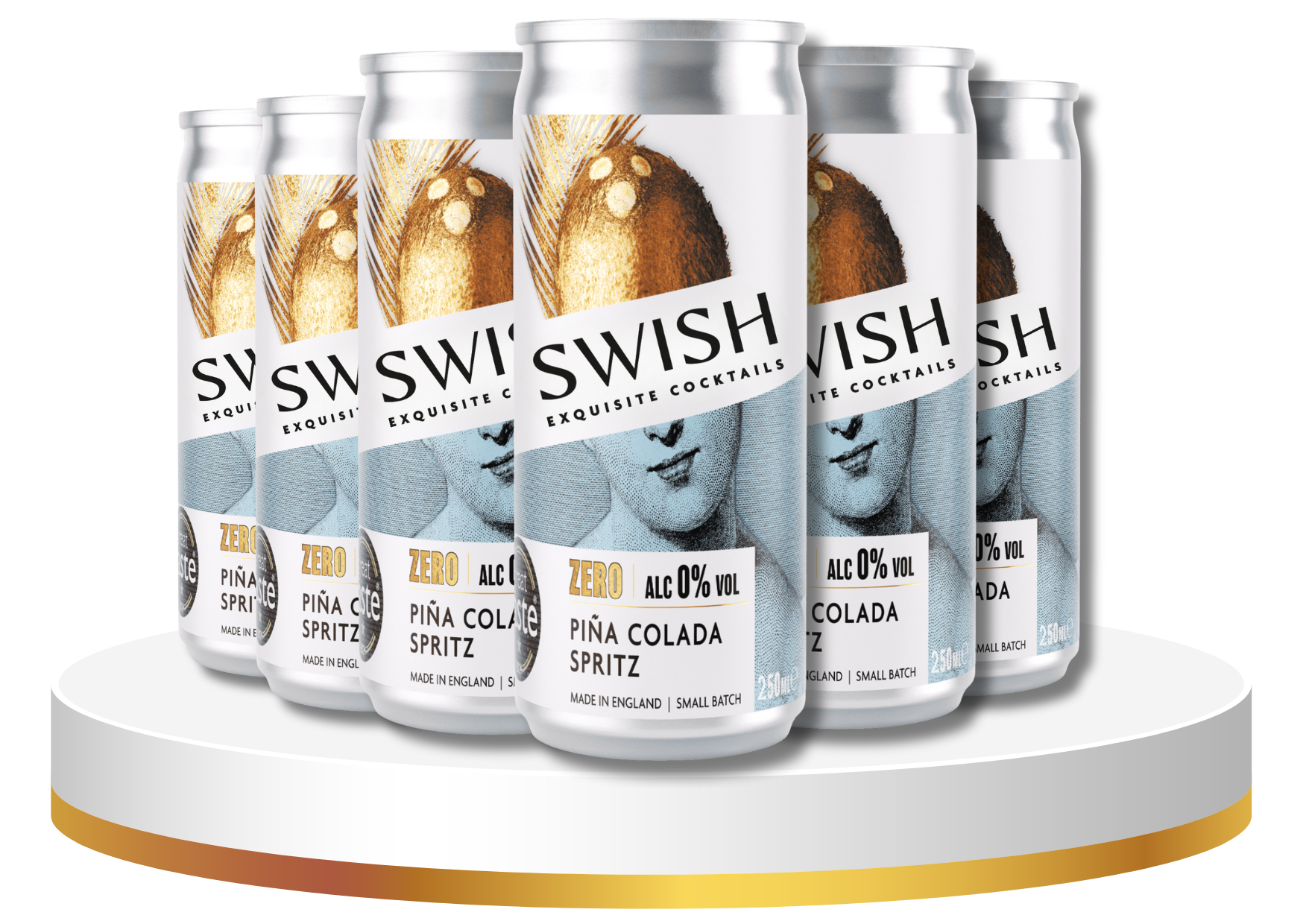 Six silver cans of Swish cocktails on a white platform with a gold base.