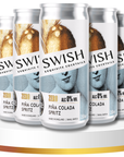 Six silver cans of Swish cocktails on a white platform with a gold base.