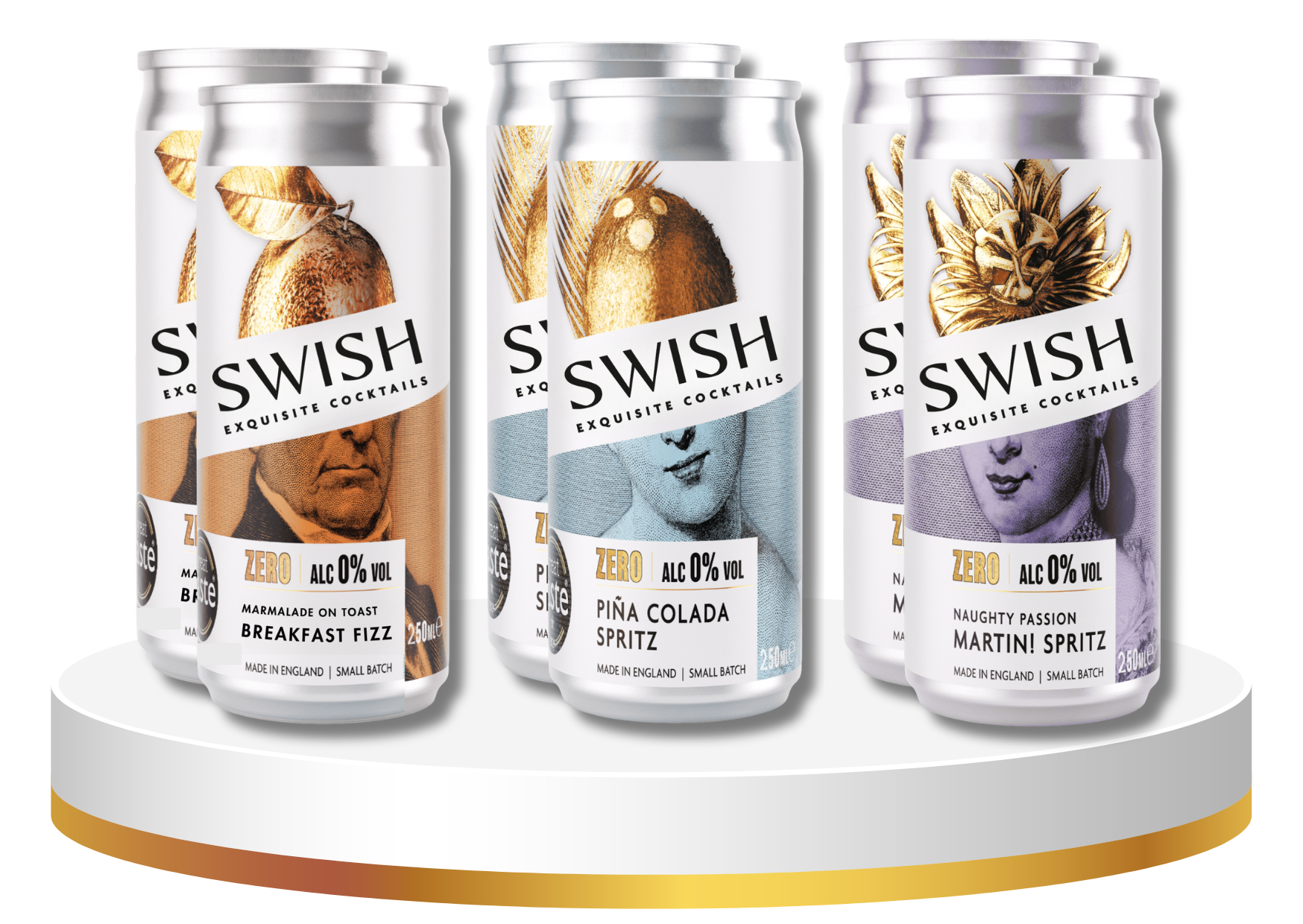 Four cans of Swish cocktails on a white stand with a gold base.