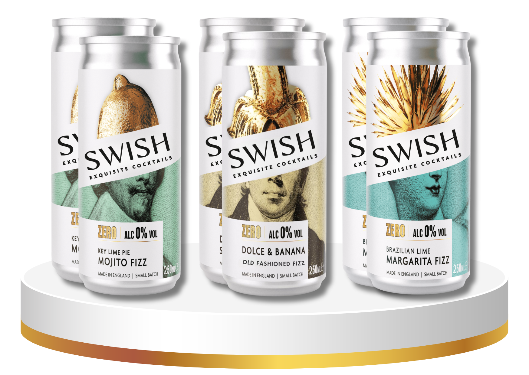 Four cans of Swish liqueur cocktails on a white stand with a gold base.