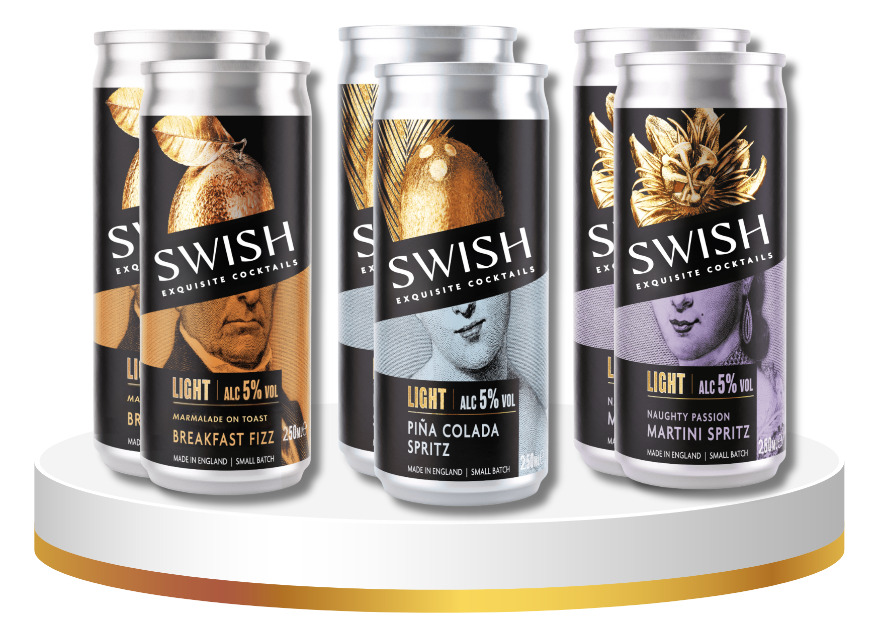 Four cans of Swish cocktails on a white stand with a gold accent.