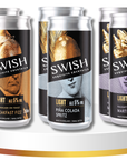 Four cans of Swish cocktails on a white stand with a gold accent.
