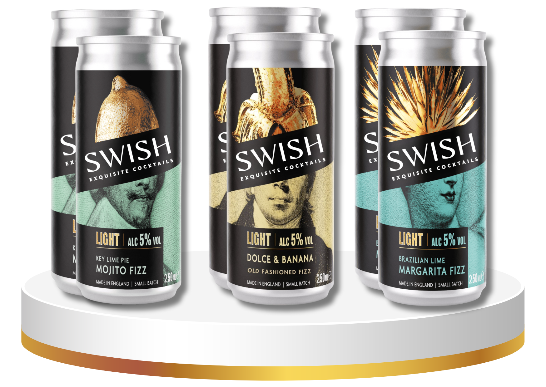 Three cans of Swish cocktails on a white stand with a gold accent.