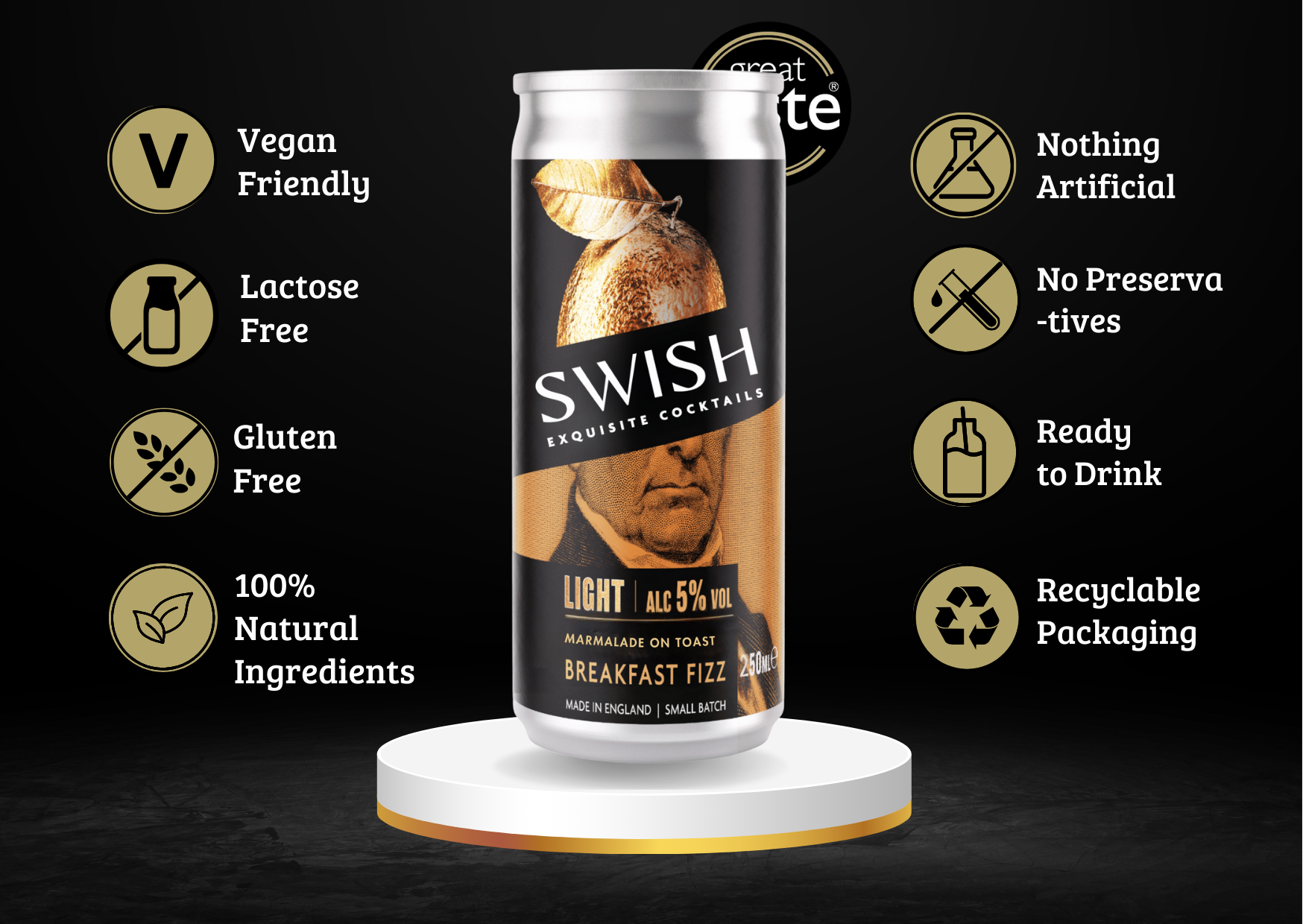 Swish cocktail can on a black background with health and product feature icons.