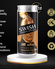 Swish cocktail can on a black background with health and product feature icons.