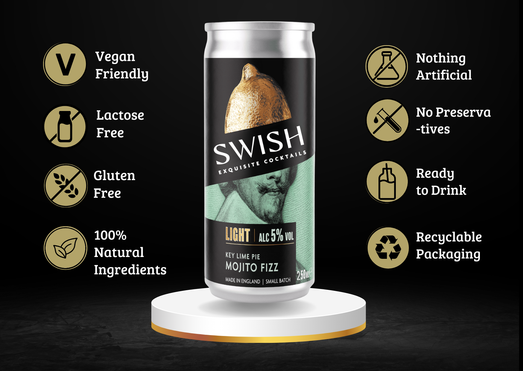Swish cocktail can with features listed on a black background