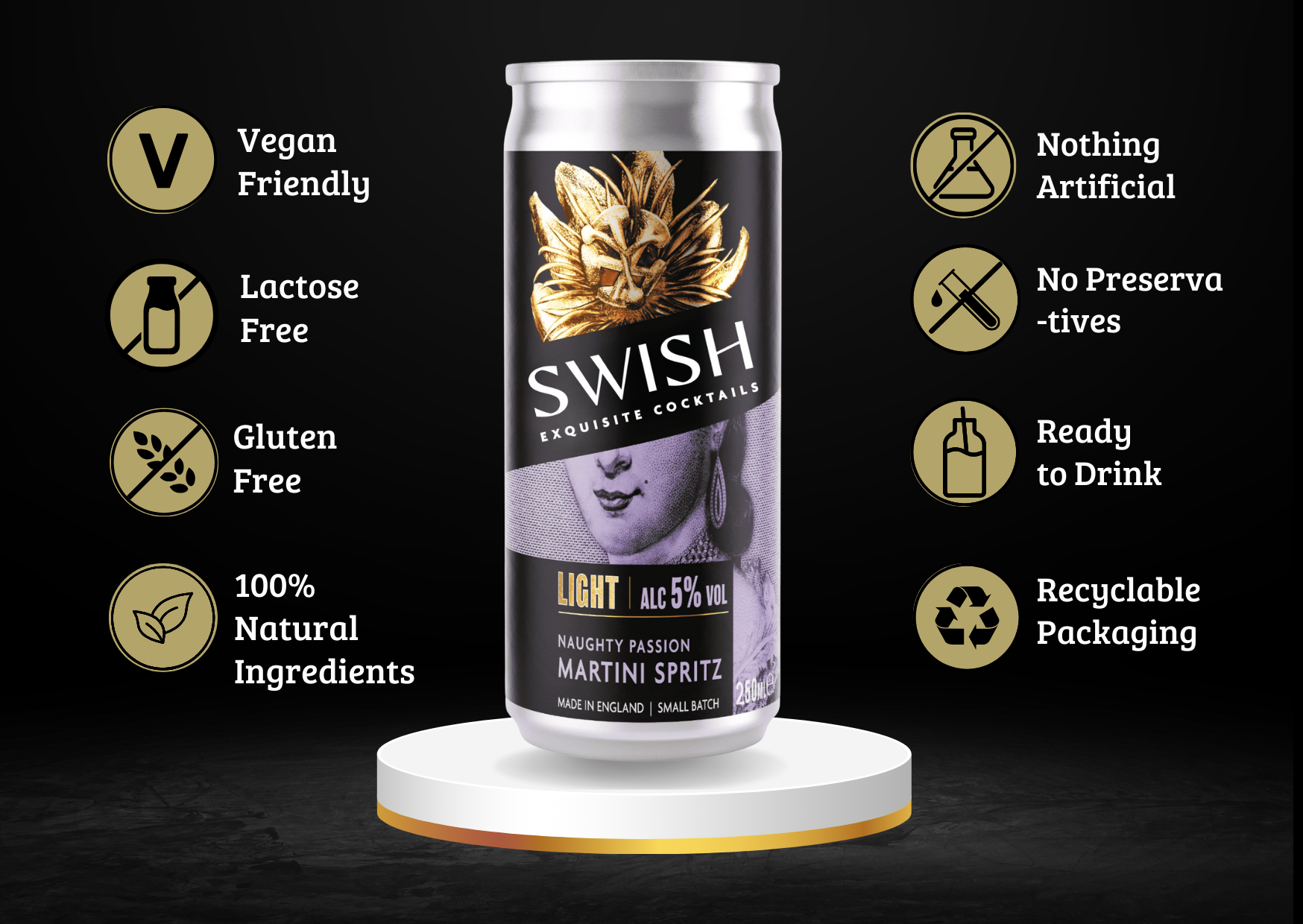 Swish cocktail can with features listed on a black background