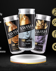 Three SWISH cans on a black background with health and product feature icons.