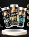 Three SWISH energy drink cans on a stand with health benefits listed on a black background