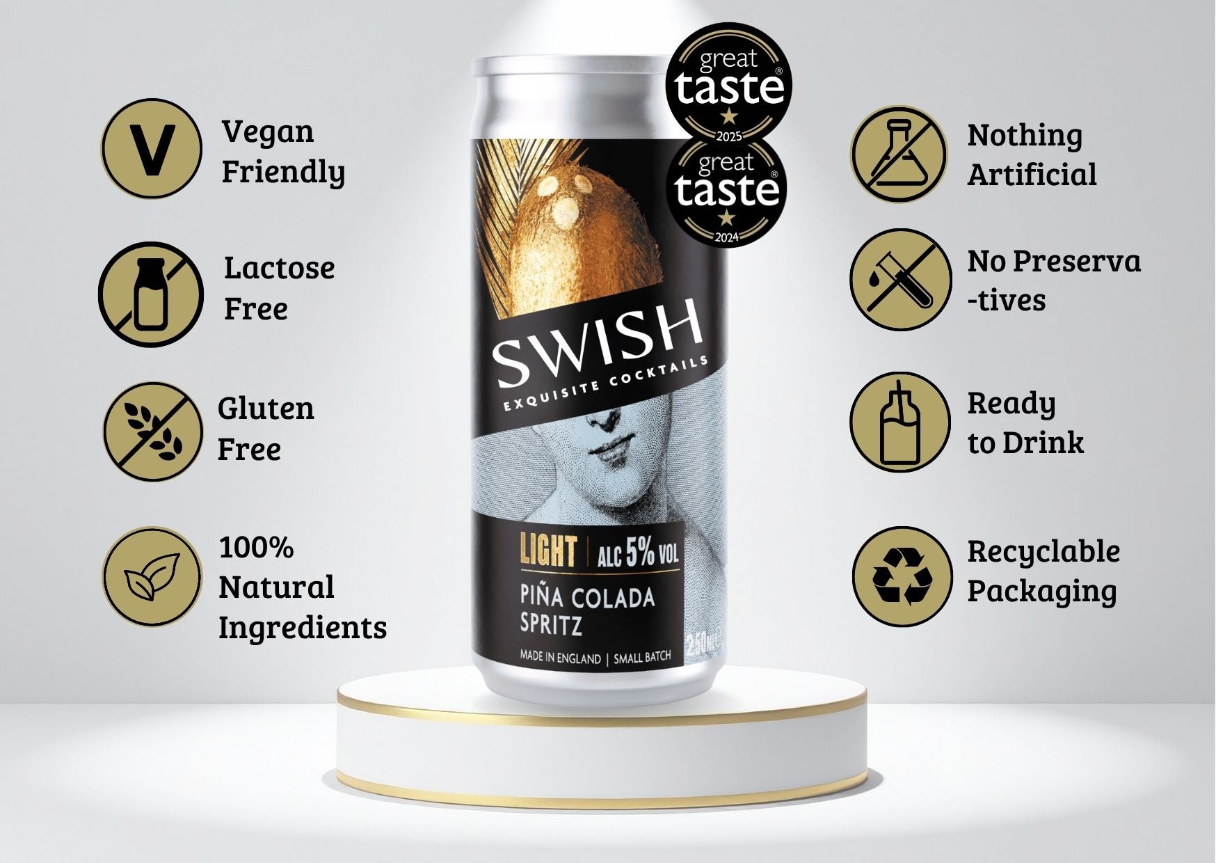 SWISH Pina Colada Spritz 5% Alc Vol 250ml can displayed on a pedestal with icons highlighting product benefits.