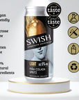 SWISH Pina Colada Spritz 5% Alc Vol 250ml can displayed on a pedestal with icons highlighting product benefits.