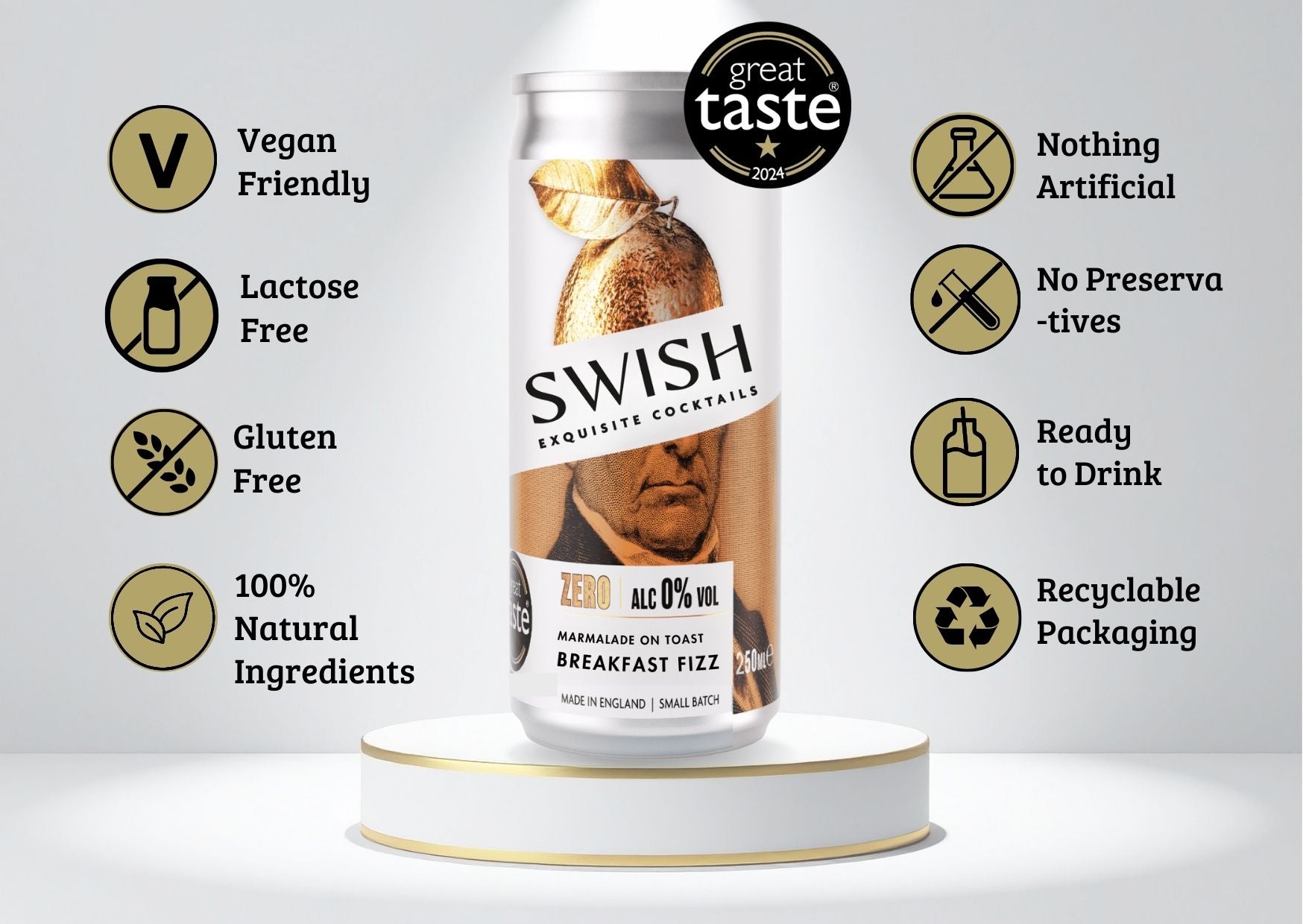 SWISH Marmalade On Toast Breakfast Fizz 0% Alc Vol 250ml can displayed on a pedestal with icons highlighting product benefits.